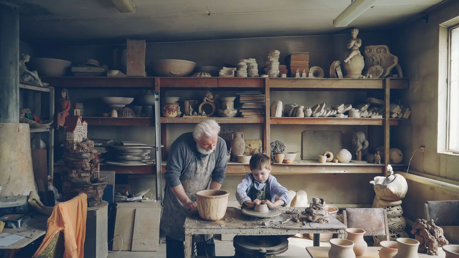 Elderly man and young boy crafting pottery together in a cozy workshop.