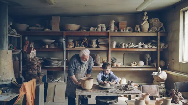 Elderly man and young boy crafting pottery together in a cozy workshop.